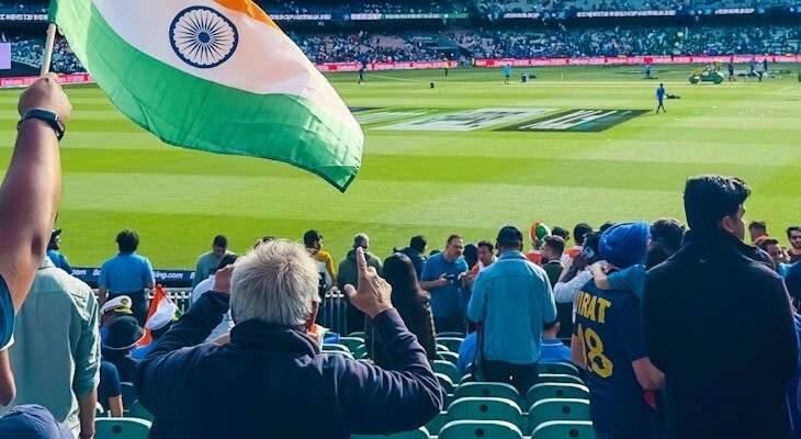 fans with flag of india in the stands of the melbourne cricket ground