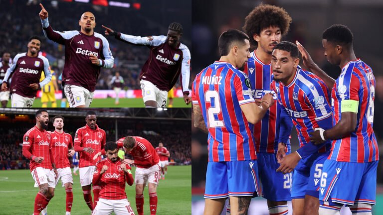 Composite of Aston Villa top left Forest bottom left and Crystal Palace on the right of each team ce