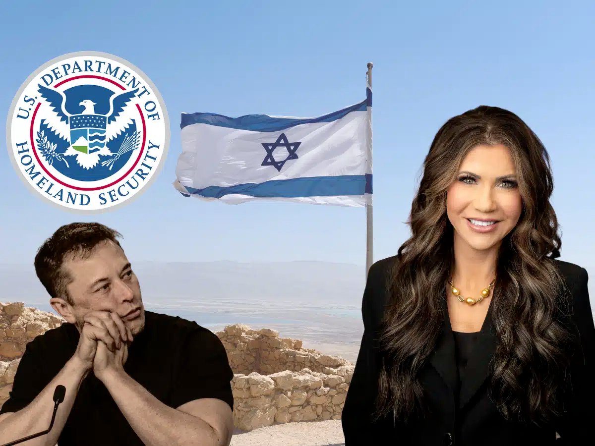 Elon Musk Kirstie Noem an Israeli Flag and the Homeland Security logo