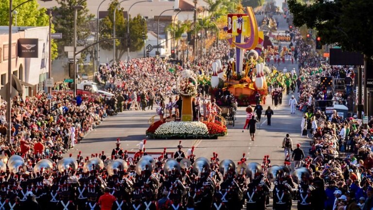 Rose Parade marching bands float AP Damian Dovarganes Pasadena 2025