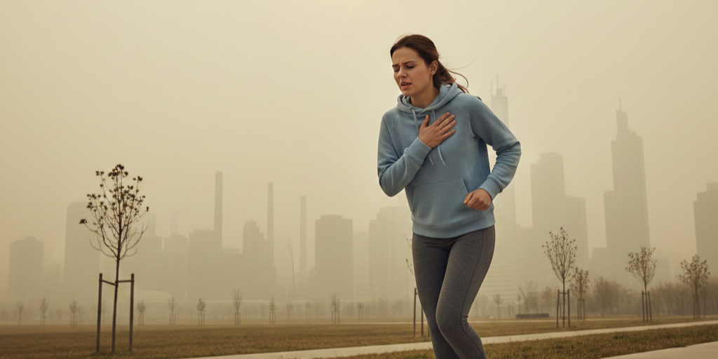 a woman coughing while doing exercise because of air pollution