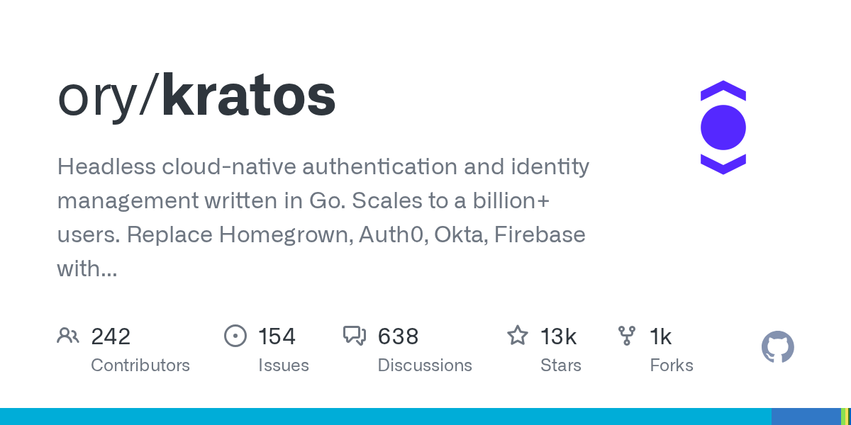 ory/kratos: Headless cloud-native authentication and identity management written in Go. Scales to a billion+ users. Replace Homegrown, Auth0, Okta, Firebase with better UX and DX. Passkeys, Social Sign In, OIDC, Magic Link, Multi-Factor Auth, SMS, SAML, TOTP, and more. Runs everywhere, runs best on Ory Network. 1 kratos