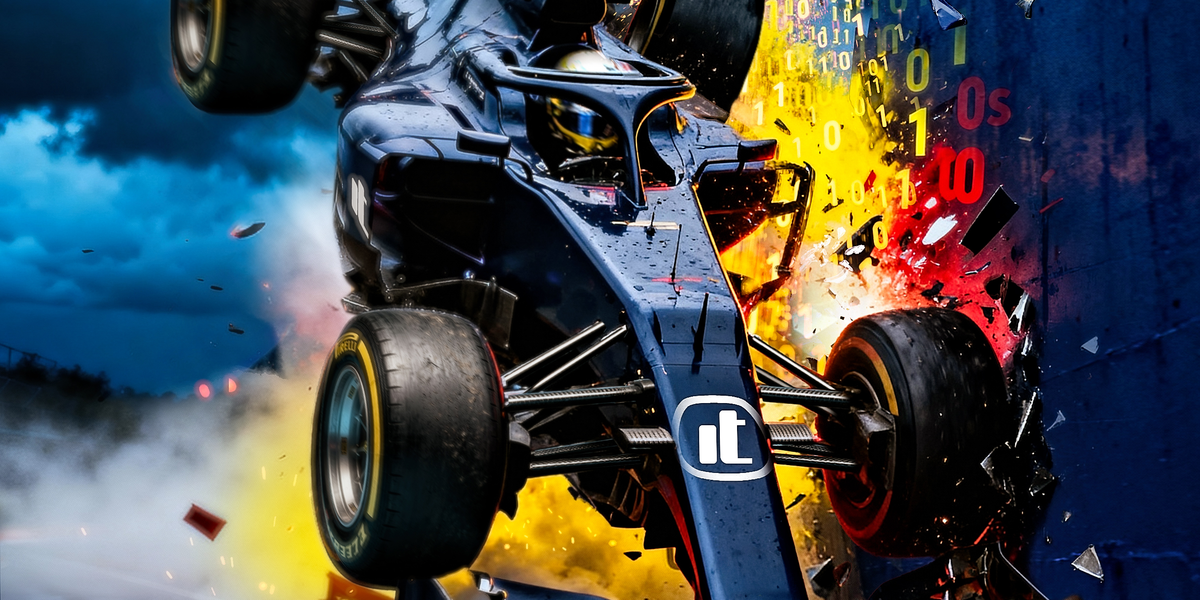 race car crashes into wall digital binary code exploding dramatic sky in background