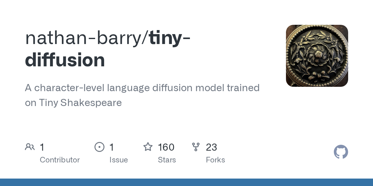nathan-barry/tiny-diffusion: A character-level language diffusion model trained on Tiny Shakespeare 2 tiny diffusion