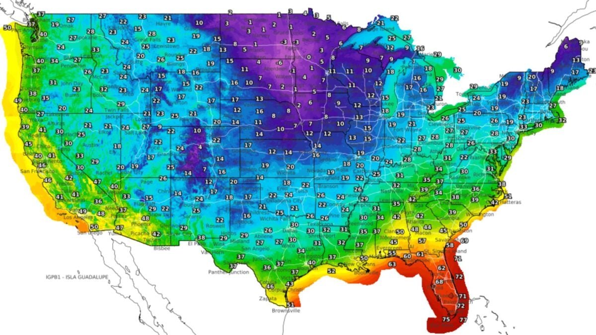 US overnight low temp map dec 2 2025