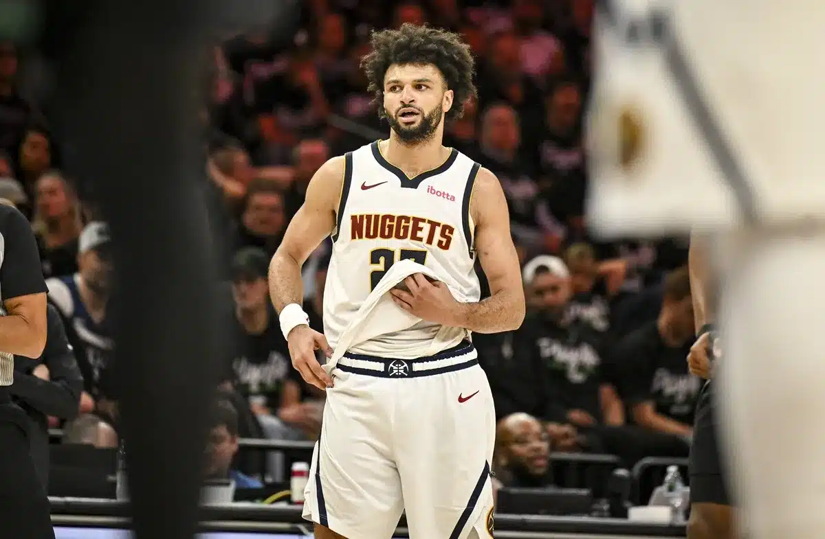 Jamal Murray of the Denver Nuggets stands on the floor during the fourth quarter of the Minnesota Ti