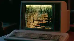 Nuneybits Matrix code on a retro desktop computer screen in bur 6cdbf492 ae5e 4176 bc42 2d7618224d1a
